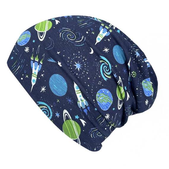 Wollhuhn Kinder Beanie – Zweilagige Longbeanie aus Jersey, wendbar & weich – innen grau – Handmade in Deutschland – ganzjährig (DE/NL/SE/PL, Numerisch, 56, 58, Space/Rakete Dunkelblau)