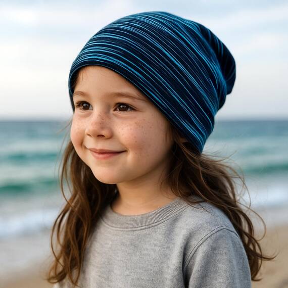 Wollhuhn ÖKO Wärmere Mädchen/Jungen Lässige Lines Long-Beanie/Wende-Mütze Ganzjährig (aus Öko-Stoffen, Bio) 20022002 (Lines schwarz/türkis, XS)