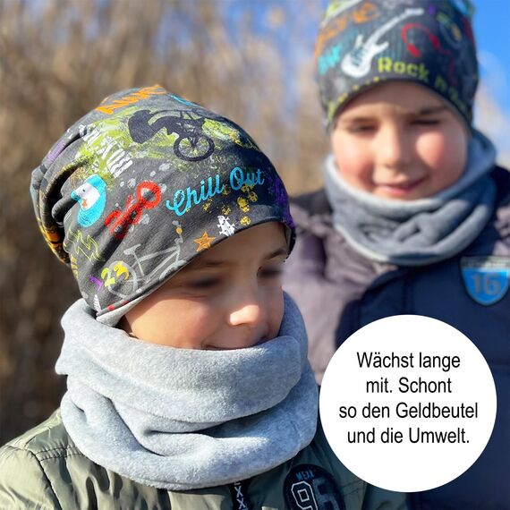 Wollhuhn Kinder Beanie – Zweilagige Longbeanie aus Jersey, wendbar & weich – innen grau – Handmade in Deutschland – ganzjährig (DE/NL/SE/PL, Numerisch, 48, 50, Blumen Zartblau)