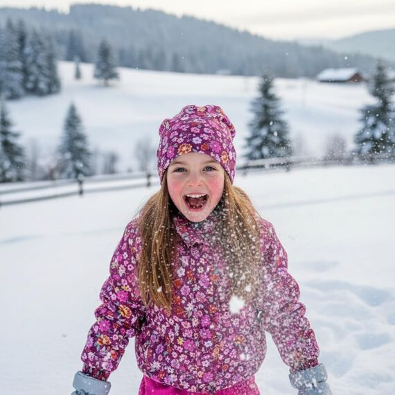 Wollhuhn Kinder Beanie – Zweilagige Longbeanie aus Jersey, wendbar & weich – innen grau – Handmade in Deutschland – ganzjährig (DE/NL/SE/PL, Numerisch, 52, 54, Blumen Beere)