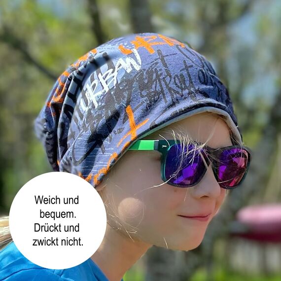 Wollhuhn Kinder Beanie – Zweilagige Longbeanie aus Jersey, wendbar & weich – innen grau – Handmade in Deutschland – ganzjährig (DE/NL/SE/PL, Numerisch, 56, 58, Happy Unicorn/Einhörner Violett)