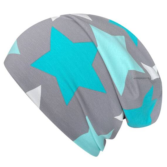 Wollhuhn Kinder Beanie – Zweilagige Longbeanie aus Jersey, wendbar & weich – innen grau – Handmade in Deutschland – ganzjährig (DE/NL/SE/PL, Numerisch, 52, 54, Big Stars Grau/Mint)