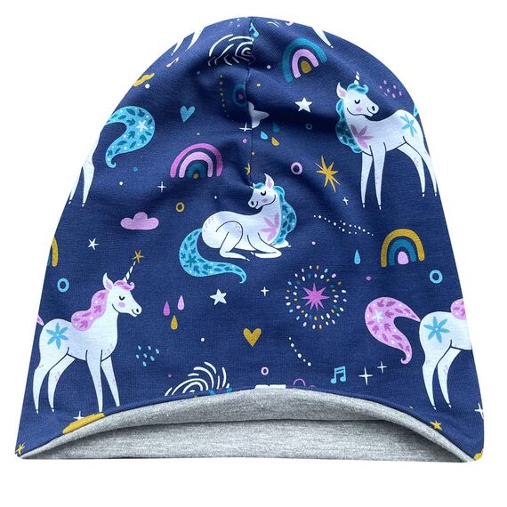 Wollhuhn Kinder Beanie – Zweilagige Longbeanie aus Jersey, wendbar & weich – innen grau – Handmade in Deutschland – ganzjährig (DE/NL/SE/PL, Numerisch, 52, 54, Einhörner Dunkelblau)