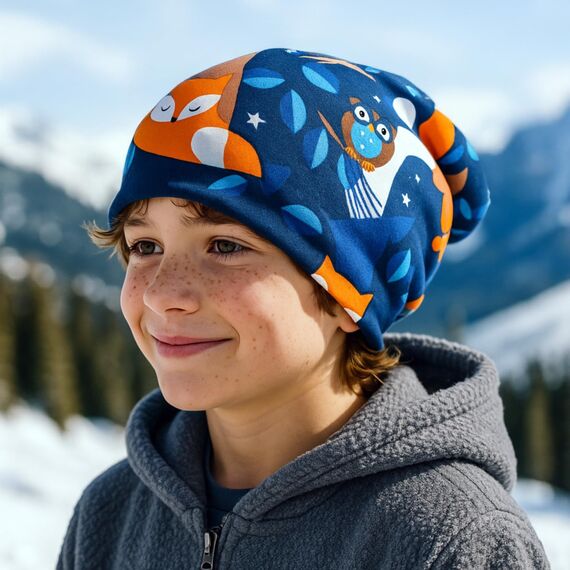 Wollhuhn Kinder Beanie – Zweilagige Longbeanie aus Jersey, wendbar & weich – innen grau – Handmade in Deutschland – ganzjährig (DE/NL/SE/PL, Numerisch, 48, 50, Nightfox Dunkelblau/Orange)