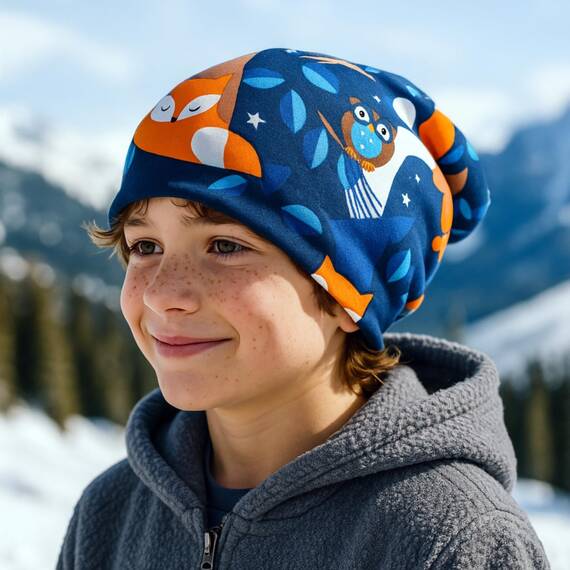 Wollhuhn Kinder Beanie – Zweilagige Longbeanie aus Jersey, wendbar & weich – innen grau – Handmade in Deutschland – ganzjährig (DE/NL/SE/PL, Numerisch, 52, 54, Nightfox Dunkelblau/Orange)