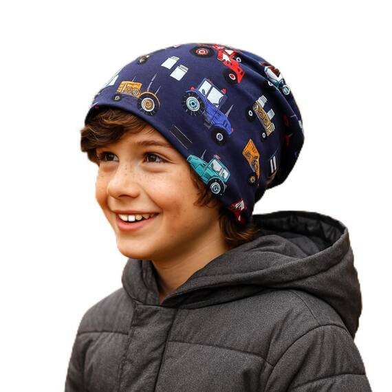 Wollhuhn Kinder Beanie – Zweilagige Longbeanie aus Jersey, wendbar & weich – innen grau – Handmade in Deutschland – ganzjährig (DE/NL/SE/PL, Numerisch, 52, 54, Trecker Dunkelblau/Bunt)