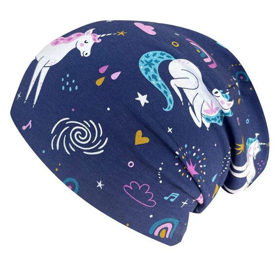 Wollhuhn Kinder Beanie – Zweilagige Longbeanie aus Jersey, wendbar & weich – innen grau – Handmade in Deutschland – ganzjährig (DE/NL/SE/PL, Numerisch, 52, 54, Einhörner Dunkelblau)