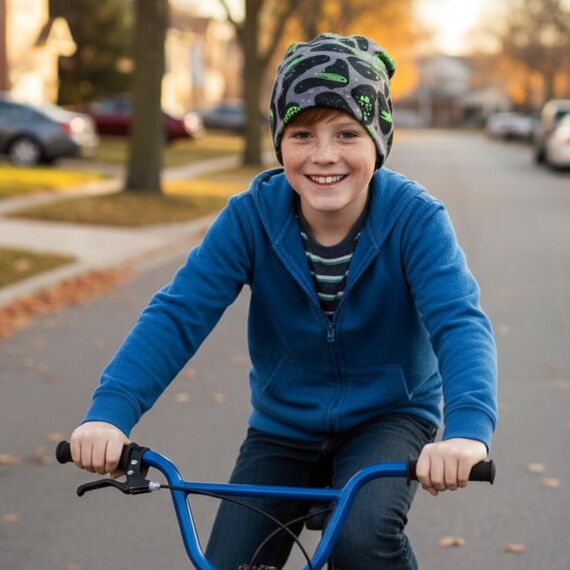 Wollhuhn Kinder Beanie – Zweilagige Longbeanie aus Jersey, wendbar & weich – innen grau – Handmade in Deutschland – ganzjährig (DE/NL/SE/PL, Numerisch, 52, 54, Space Neon Grün)