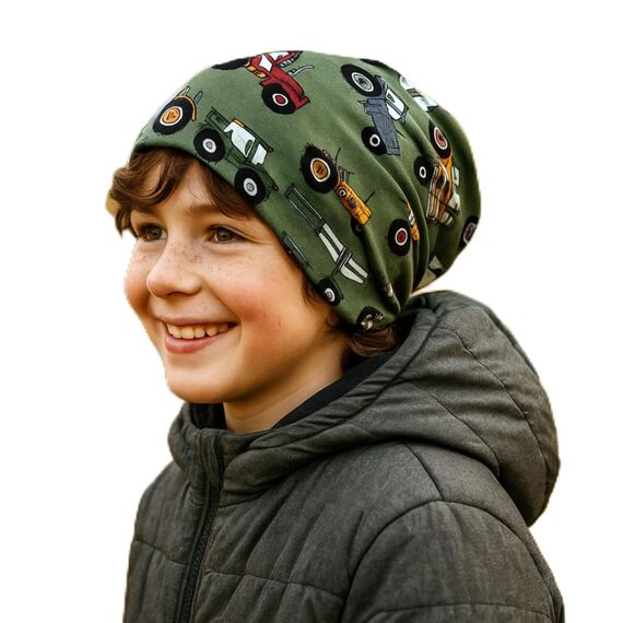 Wollhuhn Kinder Beanie – Zweilagige Longbeanie aus Jersey, wendbar & weich – innen grau – Handmade in Deutschland – ganzjährig (DE/NL/SE/PL, Numerisch, 52, 54, Trecker Grün/Bunt)