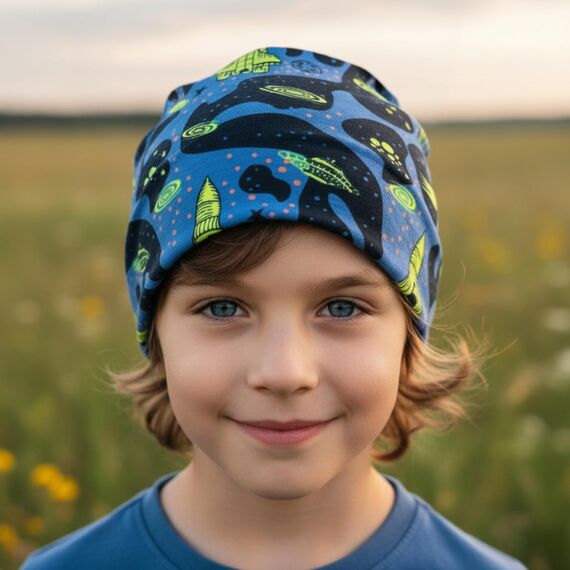 Wollhuhn Kinder Beanie – Zweilagige Longbeanie aus Jersey, wendbar & weich – innen grau – Handmade in Deutschland – ganzjährig (DE/NL/SE/PL, Numerisch, 56, 58, Space Neon Gelb)