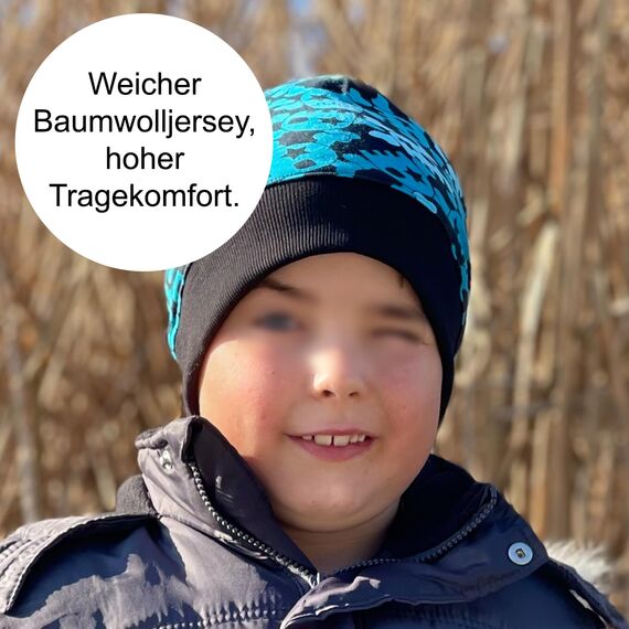 Wollhuhn ÖKO Leichte Mädchen/Jungen Beanie-Mütze Bündchen Elastisch Übergangszeit/Sommer Kinder-Mütze Baumwolle (Öko-Stoffe, Bio) 22222235 (Coole Dinos Blau/Grau, M)