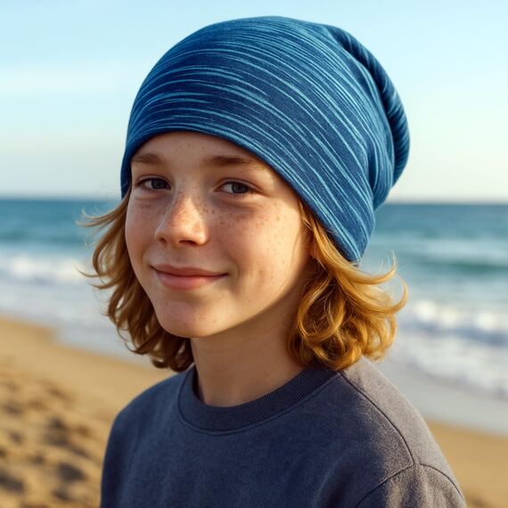 Wollhuhn Kinder Beanie – Zweilagige Longbeanie aus Jersey, wendbar & weich – innen grau – Handmade in Deutschland – ganzjährig (DE/NL/SE/PL, Numerisch, 52, 54, Lines Türkis/Petrol)