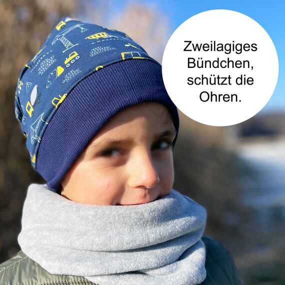 Wollhuhn ÖKO Leichte Mädchen/Jungen Beanie-Mütze Bündchen Elastisch Übergangszeit/Sommer Kinder-Mütze Baumwolle (Öko-Stoffe, Bio) 22222235 (Coole Dinos Blau/Grau, M)