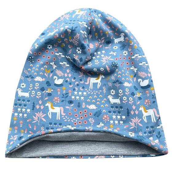 Wollhuhn Kinder Beanie – Zweilagige Longbeanie aus Jersey, wendbar & weich – innen grau – Handmade in Deutschland – ganzjährig (DE/NL/SE/PL, Numerisch, 48, 50, Pony/Pferde Jeansblau)