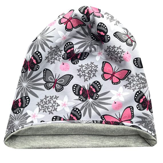 Wollhuhn Kinder Beanie – Zweilagige Longbeanie aus Jersey, wendbar & weich – mit Grauer Innenseite – Handmade in Deutschland – ganzjährig tragbar (Schmetterlinge Grau, L)