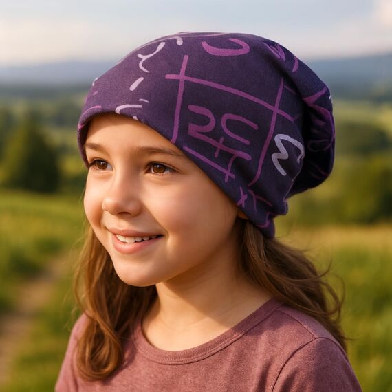 Wollhuhn Kinder Beanie – Zweilagige Longbeanie aus Jersey, wendbar & weich – innen grau – Handmade in Deutschland – ganzjährig (DE/NL/SE/PL, Numerisch, 52, 54, Cool Music Violett/Lila)
