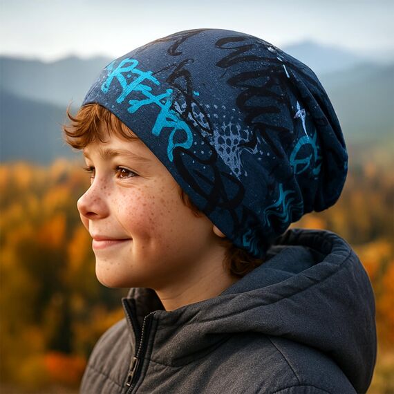 Wollhuhn Kinder Beanie – Zweilagige Longbeanie aus Jersey, wendbar & weich – innen grau – Handmade in Deutschland – ganzjährig (DE/NL/SE/PL, Numerisch, 48, 50, Skater Blau)