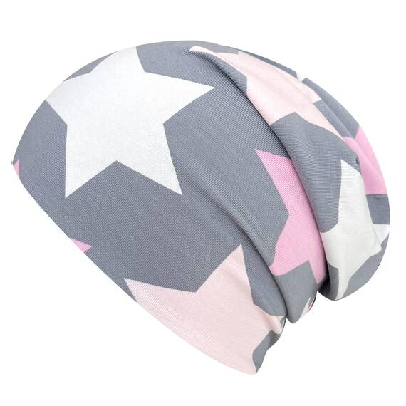 Wollhuhn Kinder Beanie – Zweilagige Longbeanie aus Jersey, wendbar & weich – innen grau – Handmade in Deutschland – ganzjährig (DE/NL/SE/PL, Numerisch, 56, 58, Big Stars grau/rosa/pink)
