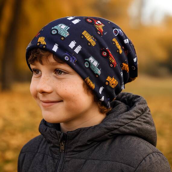 Wollhuhn Kinder Beanie – Zweilagige Longbeanie aus Jersey, wendbar & weich – innen grau – Handmade in Deutschland – ganzjährig (DE/NL/SE/PL, Numerisch, 52, 54, Trecker Dunkelblau/Bunt)