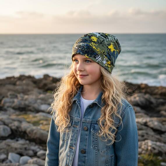 Wollhuhn Kinder Beanie – Zweilagige Longbeanie aus Jersey, wendbar & weich – mit Grauer Innenseite – Handmade in Deutschland – ganzjährig tragbar (Graffiti Oliv/Gelb, L)