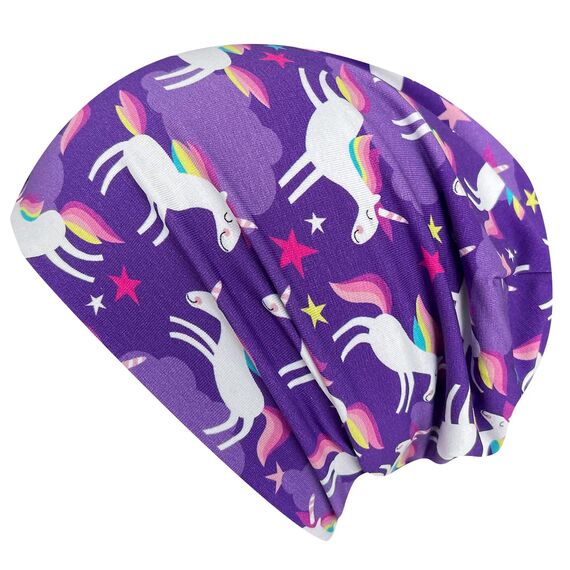 Wollhuhn Kinder Beanie – Zweilagige Longbeanie aus Jersey, wendbar & weich – innen grau – Handmade in Deutschland – ganzjährig (DE/NL/SE/PL, Numerisch, 56, 58, Happy Unicorn/Einhörner Violett)