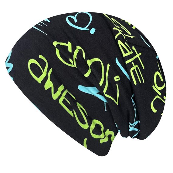 Wollhuhn Kinder Beanie – Zweilagige Longbeanie aus Jersey, wendbar & weich – innen grau – Handmade in Deutschland – ganzjährig (DE/NL/SE/PL, Numerisch, 56, 58, COOL Music schwarz/blau/grün)