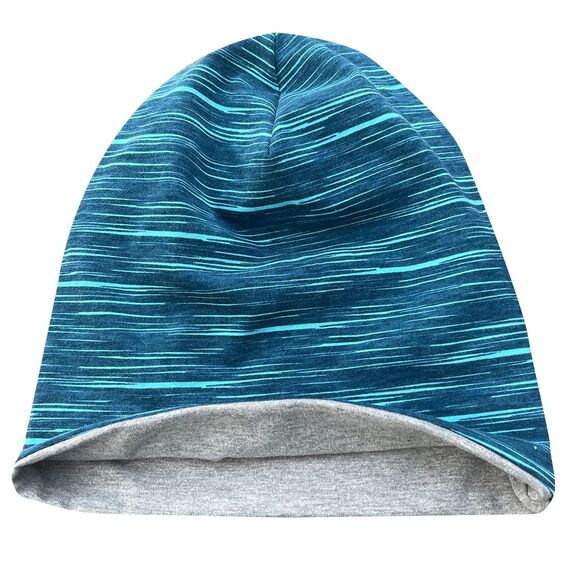 Wollhuhn Kinder Beanie – Zweilagige Longbeanie aus Jersey, wendbar & weich – innen grau – Handmade in Deutschland – ganzjährig (DE/NL/SE/PL, Numerisch, 52, 54, Lines Türkis/Petrol)