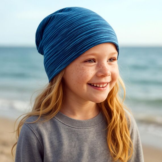 Wollhuhn Kinder Beanie – Zweilagige Longbeanie aus Jersey, wendbar & weich – innen grau – Handmade in Deutschland – ganzjährig (DE/NL/SE/PL, Numerisch, 52, 54, Lines Türkis/Petrol)
