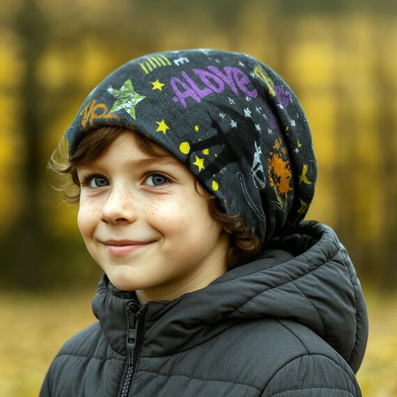 Wollhuhn Kinder Beanie – Zweilagige Longbeanie aus Jersey, wendbar & weich – innen grau – Handmade in Deutschland – ganzjährig (DE/NL/SE/PL, Numerisch, 52, 54, Cool Stuff Anthrazit/Bunt)