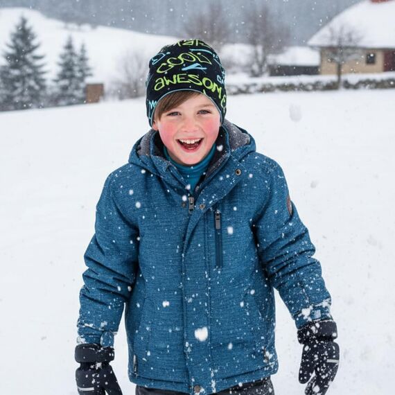 Wollhuhn Kinder Beanie – Zweilagige Longbeanie aus Jersey, wendbar & weich – innen grau – Handmade in Deutschland – ganzjährig (DE/NL/SE/PL, Numerisch, 56, 58, COOL Music schwarz/blau/grün)