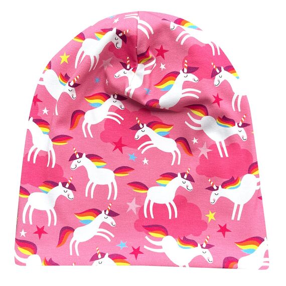 Wollhuhn Kinder Beanie – Zweilagige Longbeanie aus Jersey, wendbar & weich – innen grau – Handmade in Deutschland – ganzjährig (DE/NL/SE/PL, Numerisch, 52, 54, Happy Unicorn/Einhörner Pink/Rosa)