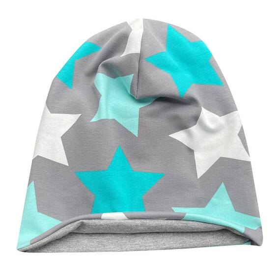 Wollhuhn Kinder Beanie – Zweilagige Longbeanie aus Jersey, wendbar & weich – innen grau – Handmade in Deutschland – ganzjährig (DE/NL/SE/PL, Numerisch, 52, 54, Big Stars Grau/Mint)