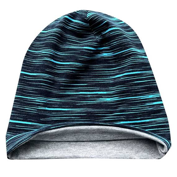 Wollhuhn ÖKO Wärmere Mädchen/Jungen Lässige Lines Long-Beanie/Wende-Mütze Ganzjährig (aus Öko-Stoffen, Bio) 20022002 (Lines schwarz/türkis, XS)