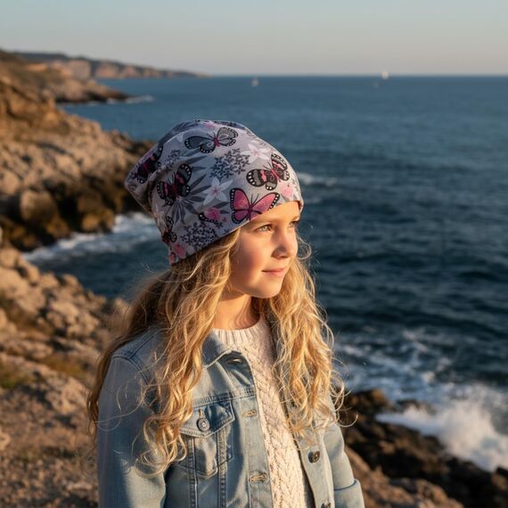 Wollhuhn Kinder Beanie – Zweilagige Longbeanie aus Jersey, wendbar & weich – mit Grauer Innenseite – Handmade in Deutschland – ganzjährig tragbar (Schmetterlinge Grau, L)