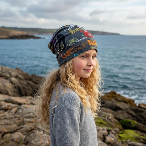 Wollhuhn Kinder Beanie – Zweilagige Longbeanie aus Jersey, wendbar & weich – innen grau – Handmade in Deutschland – ganzjährig (DE/NL/SE/PL, Numerisch, 52, 54, Cool Stuff Anthrazit/Bunt)
