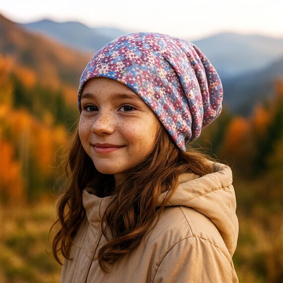 Wollhuhn Kinder Beanie – Zweilagige Longbeanie aus Jersey, wendbar & weich – innen grau – Handmade in Deutschland – ganzjährig (DE/NL/SE/PL, Numerisch, 52, 54, Blümchen Dark/Pastell)