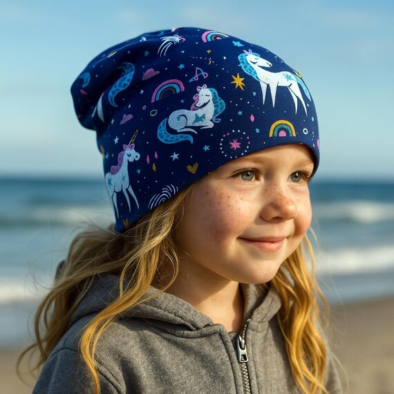 Wollhuhn Kinder Beanie – Zweilagige Longbeanie aus Jersey, wendbar & weich – innen grau – Handmade in Deutschland – ganzjährig (DE/NL/SE/PL, Numerisch, 52, 54, Einhörner Dunkelblau)