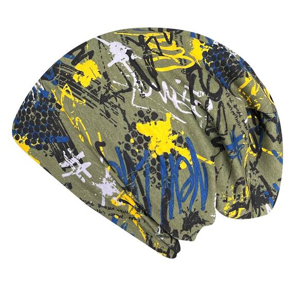 Wollhuhn Kinder Beanie – Zweilagige Longbeanie aus Jersey, wendbar & weich – mit Grauer Innenseite – Handmade in Deutschland – ganzjährig tragbar (Graffiti Oliv/Gelb, L)