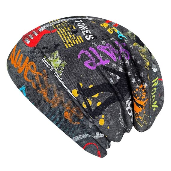 Wollhuhn Kinder Beanie – Zweilagige Longbeanie aus Jersey, wendbar & weich – innen grau – Handmade in Deutschland – ganzjährig (DE/NL/SE/PL, Numerisch, 52, 54, Cool Stuff Anthrazit/Bunt)