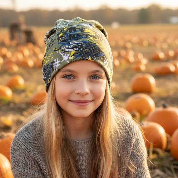 Wollhuhn Kinder Beanie – Zweilagige Longbeanie aus Jersey, wendbar & weich – mit Grauer Innenseite – Handmade in Deutschland – ganzjährig tragbar (Graffiti Oliv/Gelb, L)