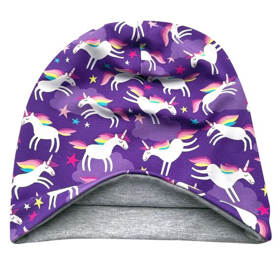 Wollhuhn Kinder Beanie – Zweilagige Longbeanie aus Jersey, wendbar & weich – innen grau – Handmade in Deutschland – ganzjährig (DE/NL/SE/PL, Numerisch, 56, 58, Happy Unicorn/Einhörner Violett)