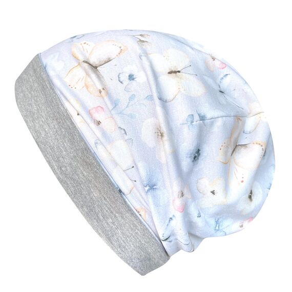 Wollhuhn Kinder Beanie – Zweilagige Longbeanie aus Jersey, wendbar & weich – innen grau – Handmade in Deutschland – ganzjährig (DE/NL/SE/PL, Numerisch, 48, 50, Blumen Zartblau)