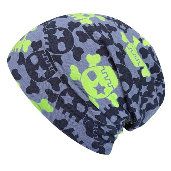 Wollhuhn Kinder Beanie – Zweilagige Longbeanie aus Jersey, wendbar & weich – innen grau – Handmade in Deutschland – ganzjährig (DE/NL/SE/PL, Numerisch, 52, 54, Skulls Grau/Lime)
