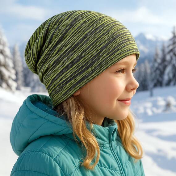 Wollhuhn Kinder Beanie – Zweilagige Longbeanie aus Jersey, wendbar & weich – innen grau – Handmade in Deutschland – ganzjährig (DE/NL/SE/PL, Numerisch, 52, 54, Lines Grün)