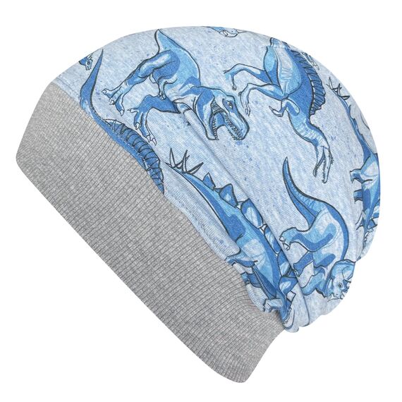Wollhuhn ÖKO Leichte Mädchen/Jungen Beanie-Mütze Bündchen Elastisch Übergangszeit/Sommer Kinder-Mütze Baumwolle (Öko-Stoffe, Bio) 22222235 (Coole Dinos Blau/Grau, M)