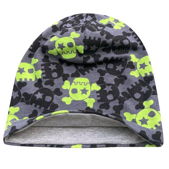 Wollhuhn Kinder Beanie – Zweilagige Longbeanie aus Jersey, wendbar & weich – innen grau – Handmade in Deutschland – ganzjährig (DE/NL/SE/PL, Numerisch, 52, 54, Skulls Grau/Lime)