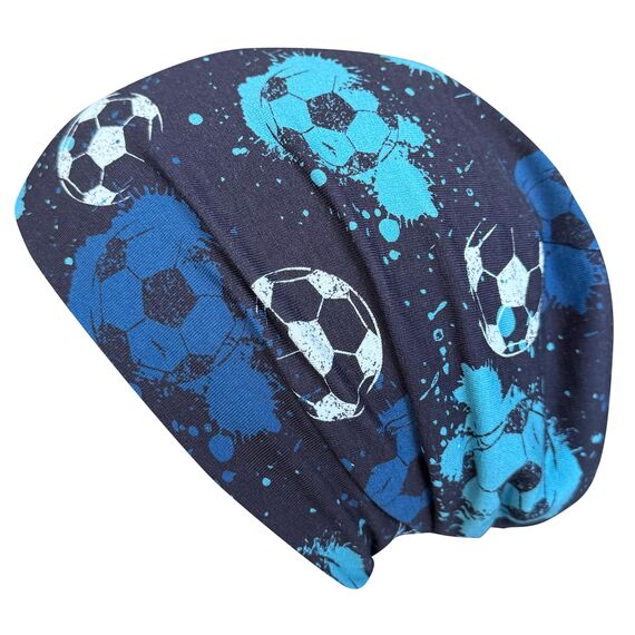 Wollhuhn Kinder Beanie – Zweilagige Longbeanie aus Jersey, wendbar & weich – mit Grauer Innenseite – Handmade in Deutschland – ganzjährig tragbar (Fußball Blautöne, L, 56-58)