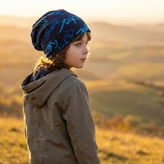 Wollhuhn Kinder Beanie – Zweilagige Longbeanie aus Jersey, wendbar & weich – innen grau – Handmade in Deutschland – ganzjährig (DE/NL/SE/PL, Numerisch, 52, 54, Cool Music Blautöne)