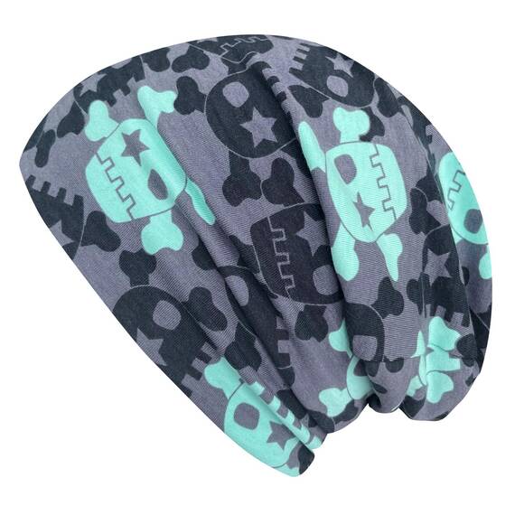 Wollhuhn Kinder Beanie – Zweilagige Longbeanie aus Jersey, wendbar & weich – innen grau – Handmade in Deutschland – ganzjährig (DE/NL/SE/PL, Numerisch, 56, 58, Coole Skulls Grau/Mint)