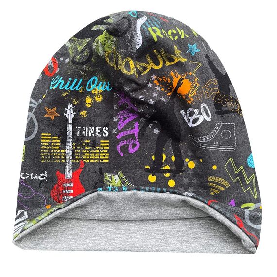 Wollhuhn Kinder Beanie – Zweilagige Longbeanie aus Jersey, wendbar & weich – innen grau – Handmade in Deutschland – ganzjährig (DE/NL/SE/PL, Numerisch, 52, 54, Cool Stuff Anthrazit/Bunt)